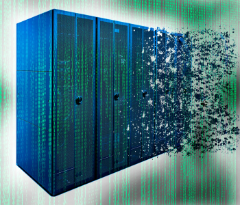 Ein Supercomputer fällt auseinander, durch den Hintergrund läuft ein binärer Code