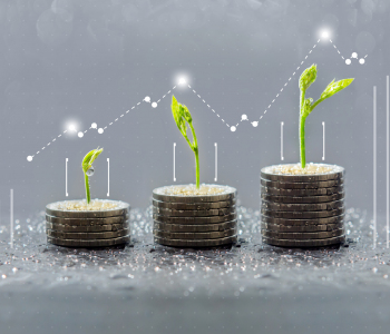 Eine Grafik mit drei Münzstapeln, auf denen jeweils ein kleines Bäumchen wächst als Zeichen für nachhaltiges Investieren