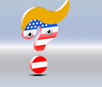 Ein Fragezeichen mit Donald-Trump-Frisur in den Farben der US-Flagge