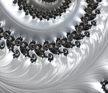 Abbildung eines Fraktals in Form einer Spirale aus sich selbst bestehenden Einzelteilen in den Farben SIlber und Grau.