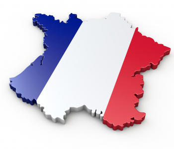 Die Umrisse Frankreichs in den Farben der französischen Nationalflagge
