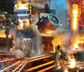 Fotomontage von Arbeiten im Stahlwerk